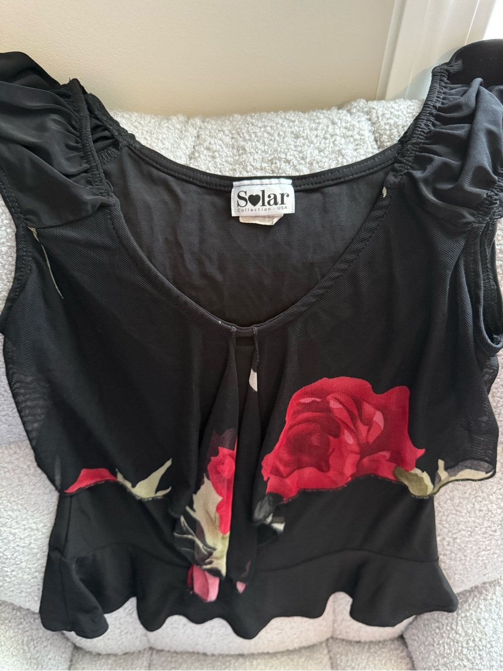 Black Floral Ruffle-Sleeve Blouse